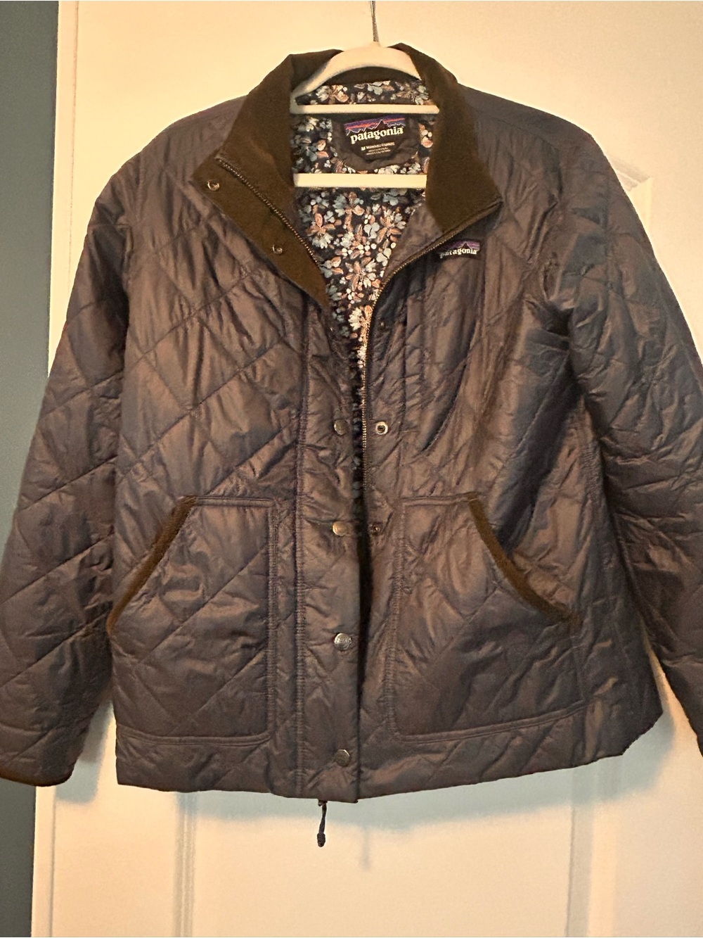 Patagonia Navy Jacket with Brown Corduroy Trim and Collar -Floral Lining